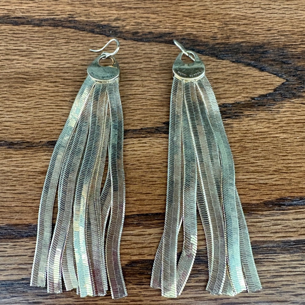 Henri Bendel Gold Tone Herringbone Chain Tassel Fringe Drop Earrings Statement
